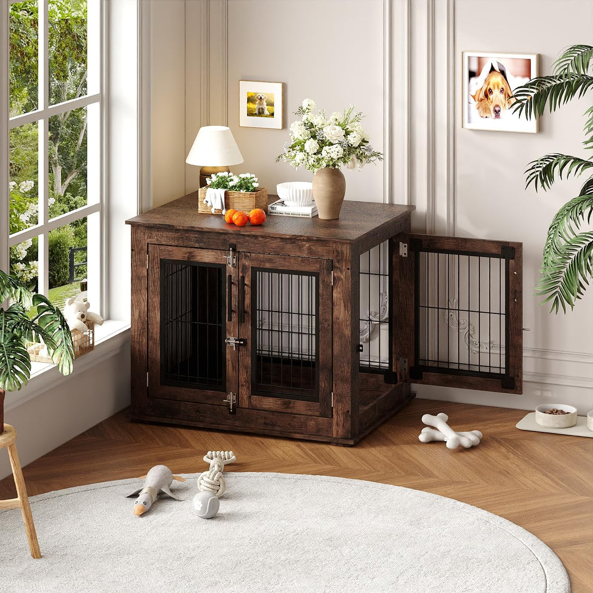 farmhouse dog crate furniture end table - heavy, front angle view