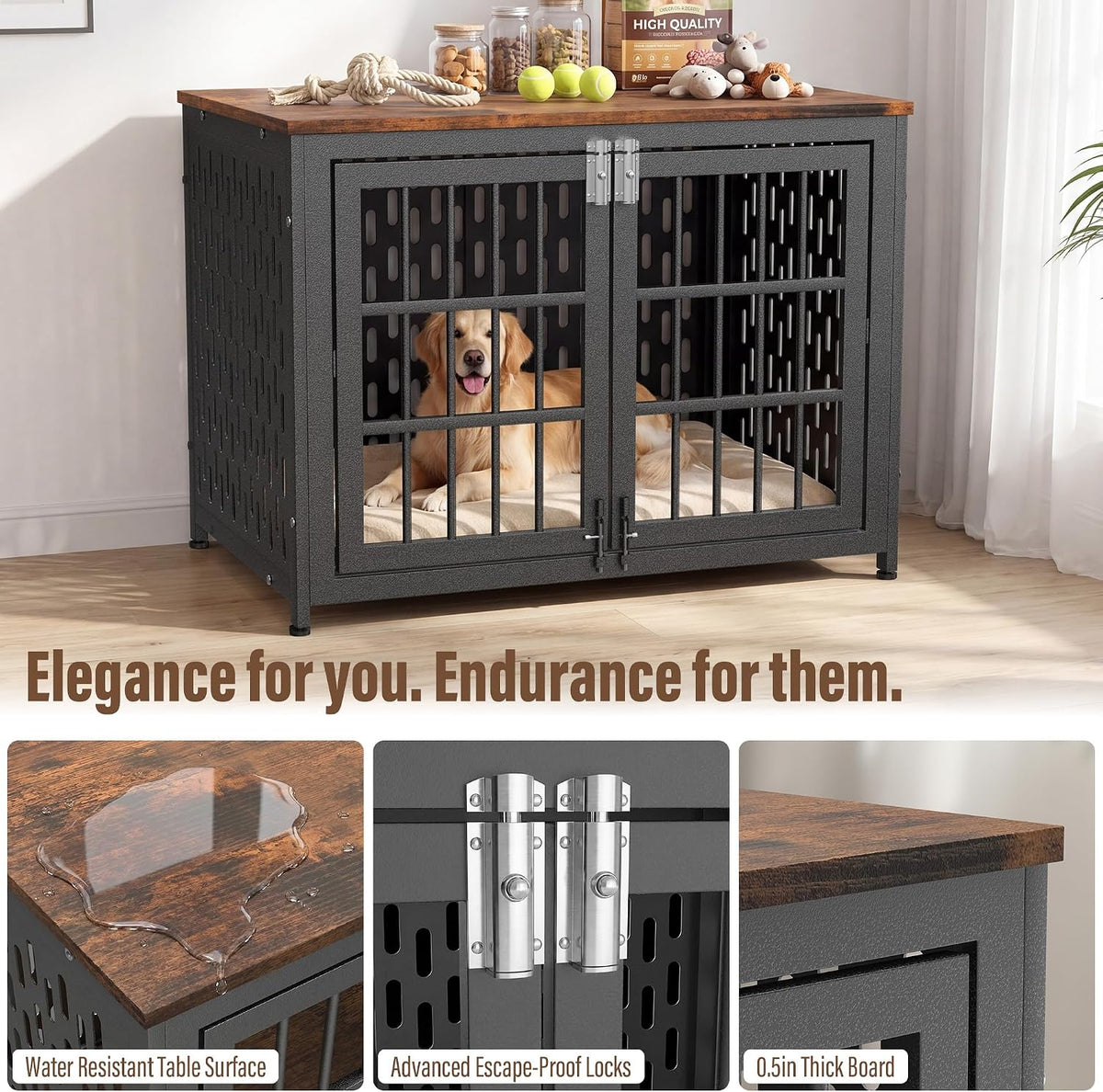 heavy duty dog crate furniture, decorative dog cage, close-up detail
