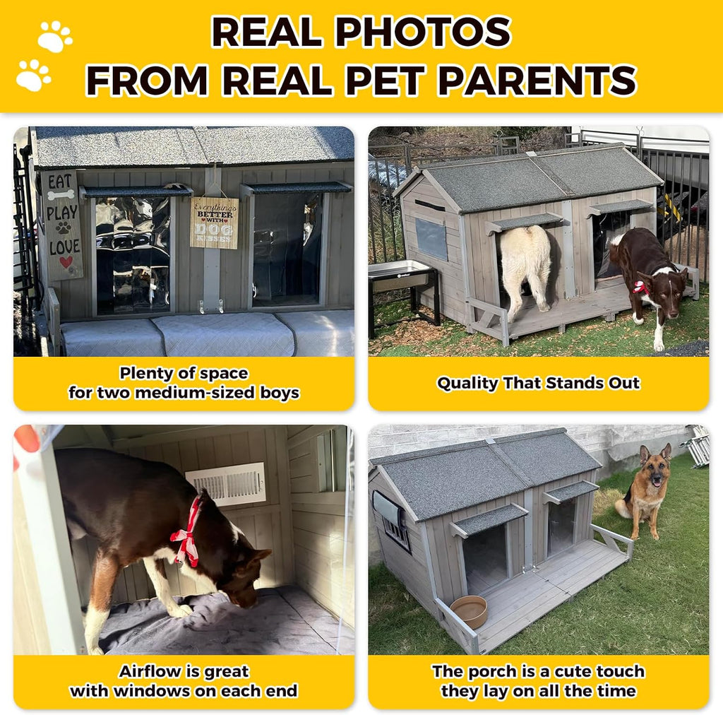 extra large outdoor dog house with balcony, weatherproof, front angle view