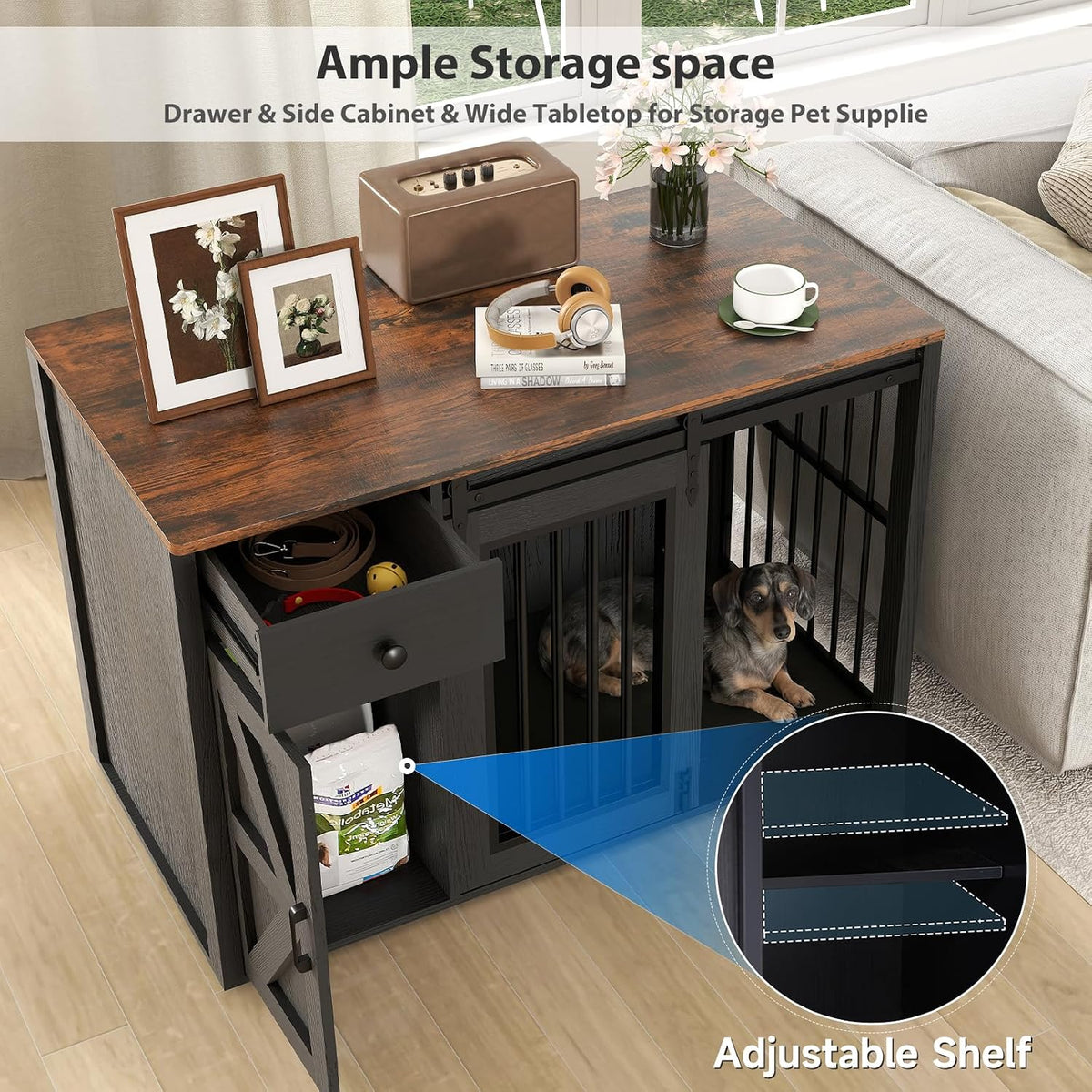 verano garden 44" dog crate furniture, dog kennel, close-up detail