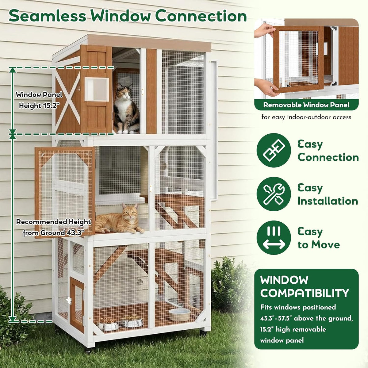 outdoor catio cat enclosure with wheels, window catio, close-up detail