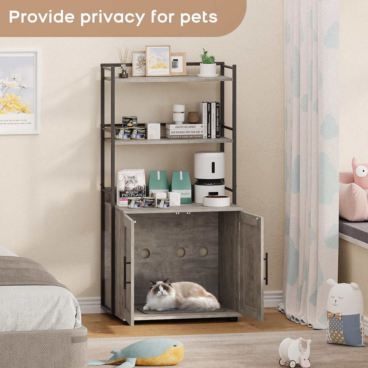 cat litter box enclosure with storage 2-in-1 hidden, close-up detail