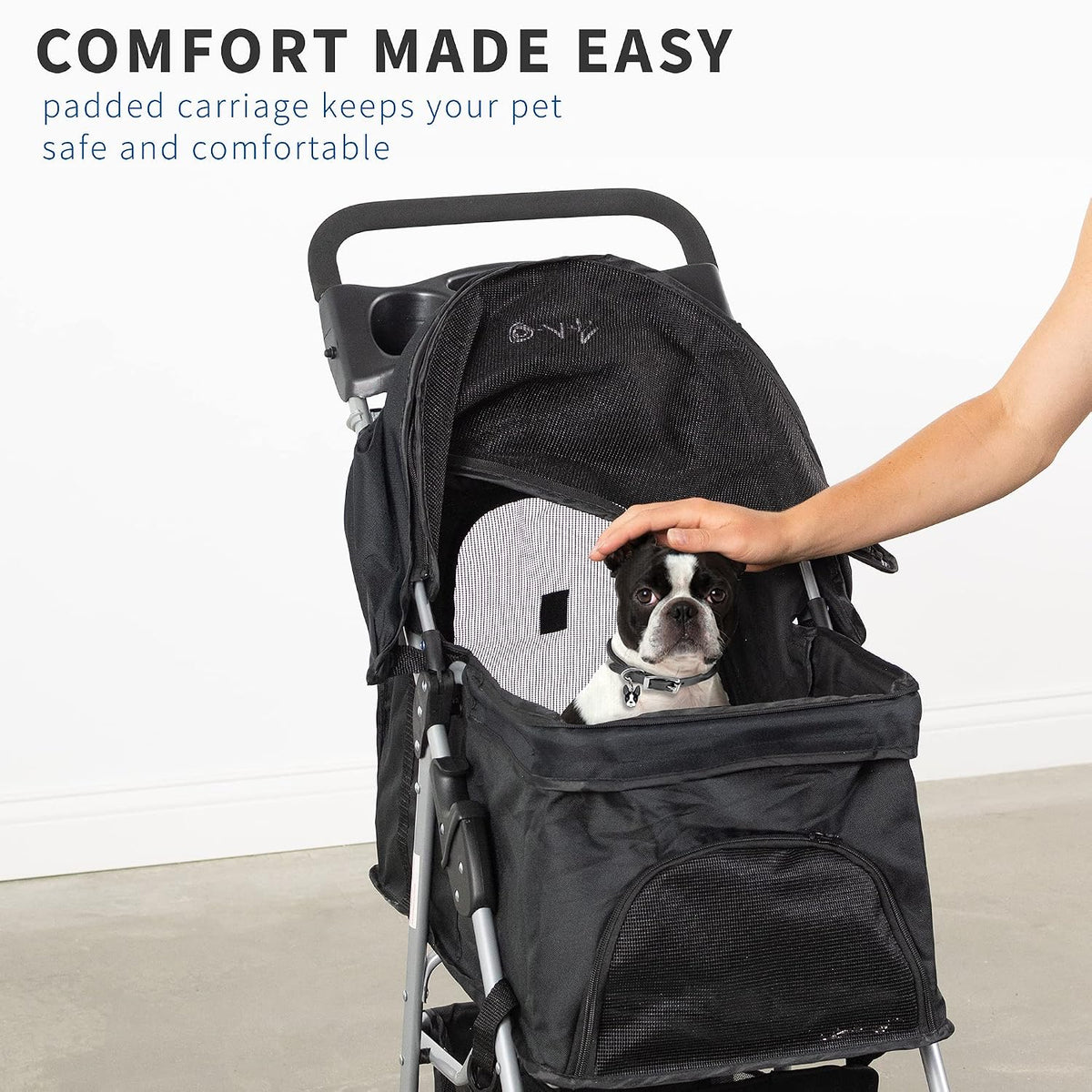 vivo black 4 wheel pet stroller for cat, side view