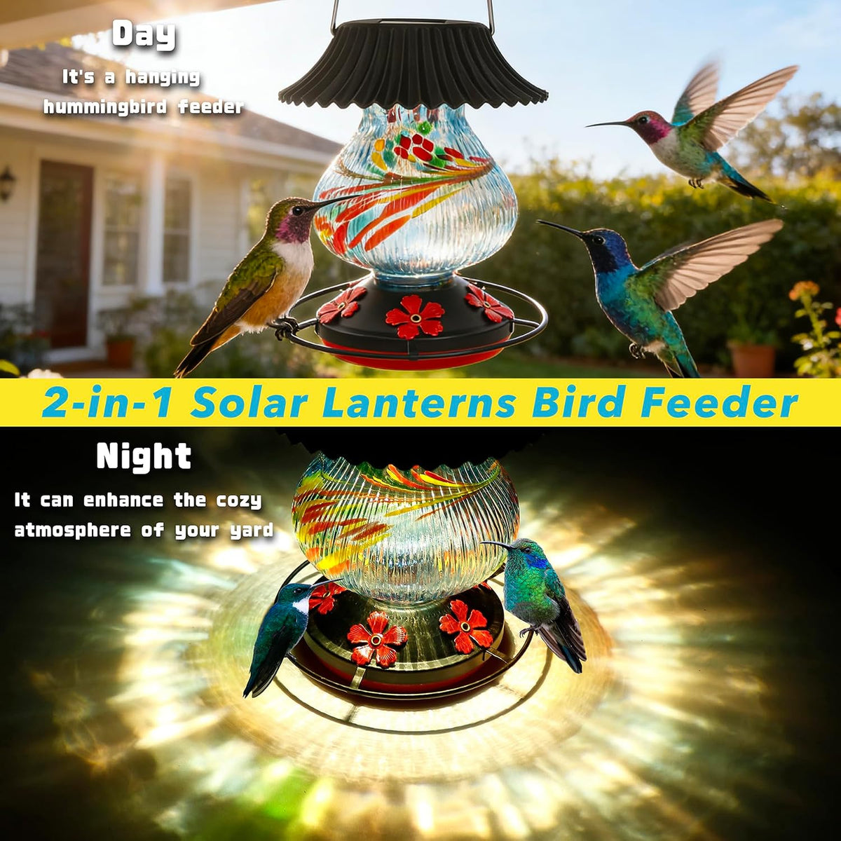 solar hummingbird feeder, hand blown glass multicolor night showing dimensions