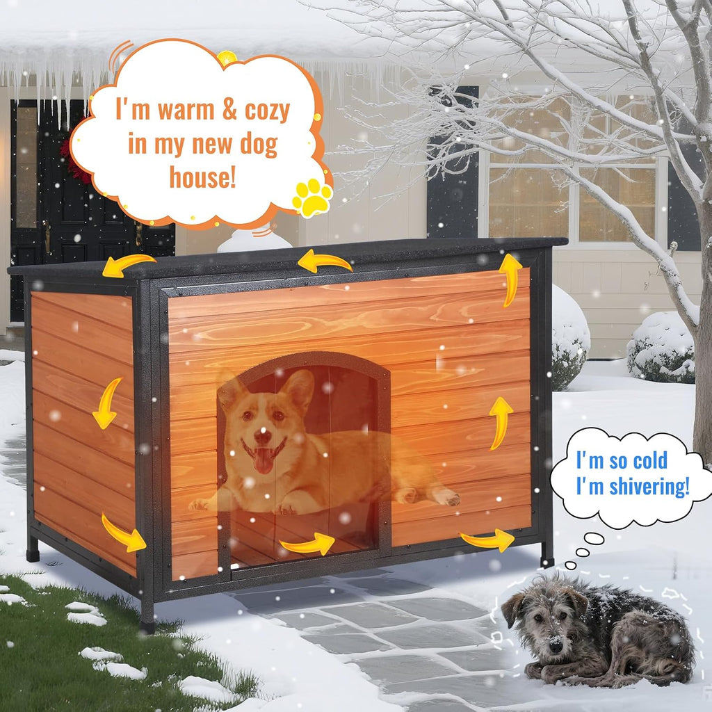 insulated outdoor wooden dog house, weatherproof chew resistant shown in use