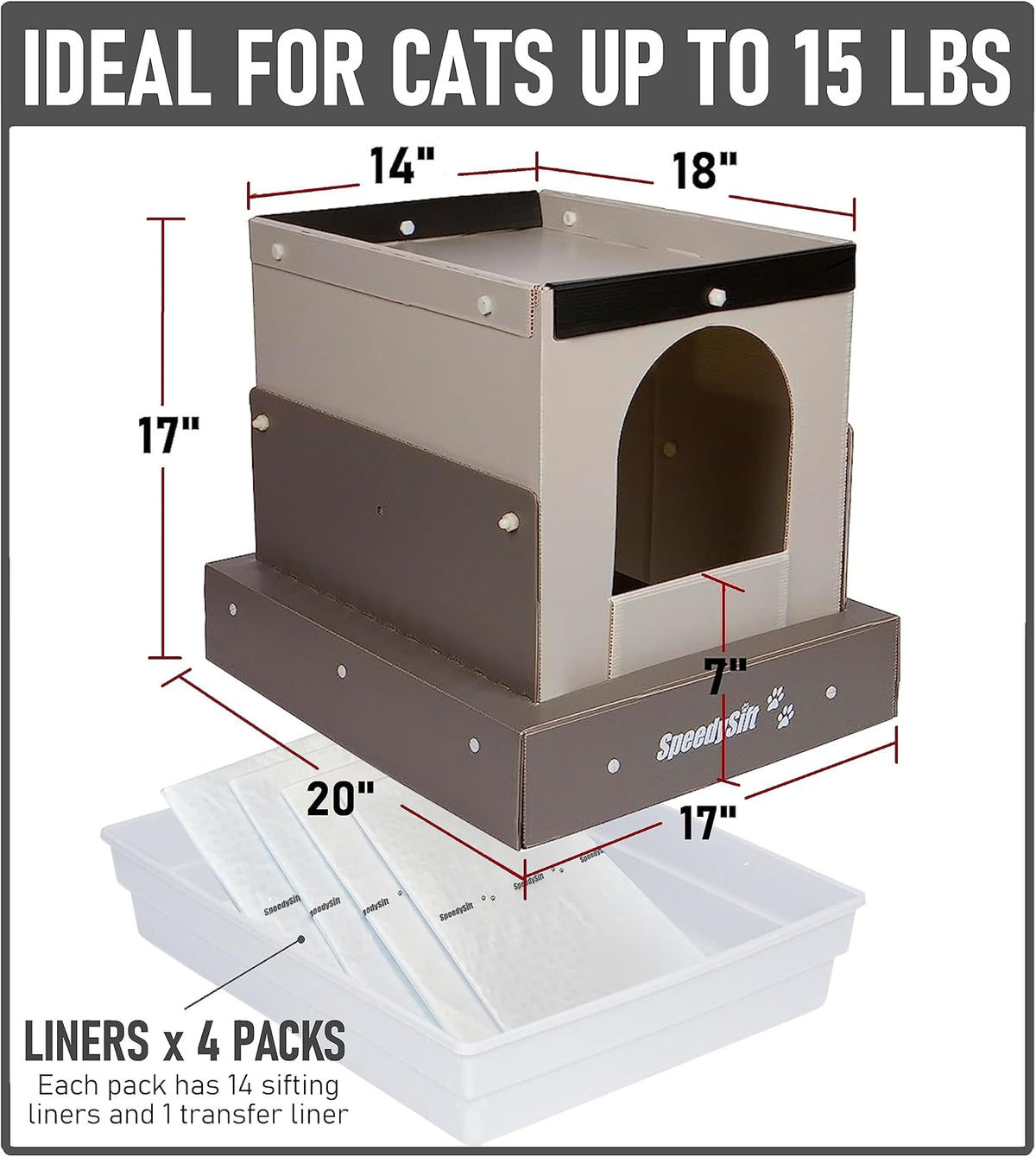 speedysift hooded cat litter box starter kit, includes showing dimensions