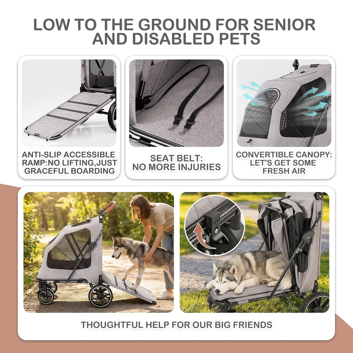 monibloom large pet stroller with anti-slip ramp, for, close-up detail