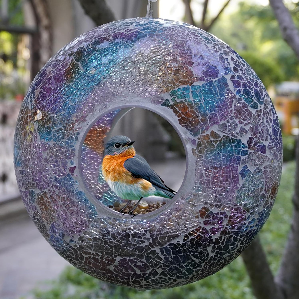 fly through mosaic glass bird feeder with solar shown in use