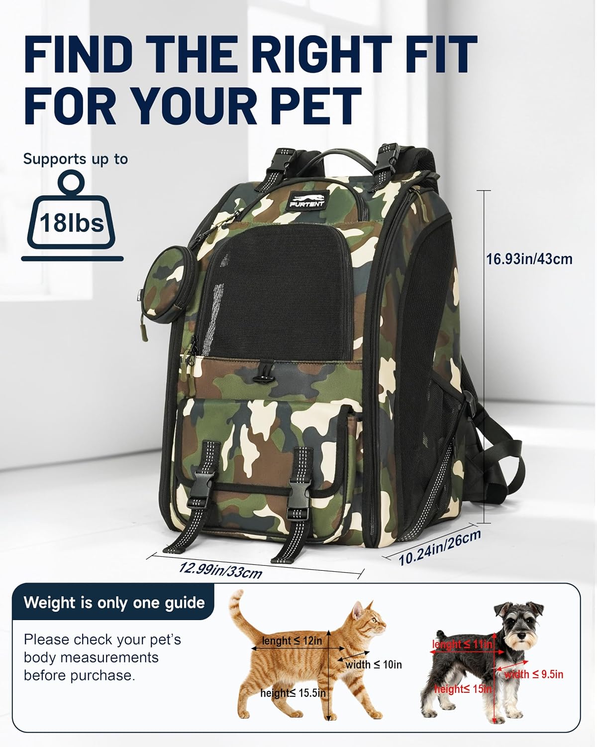 dog backpack carrier with ergonomic support, padded straps, front angle view