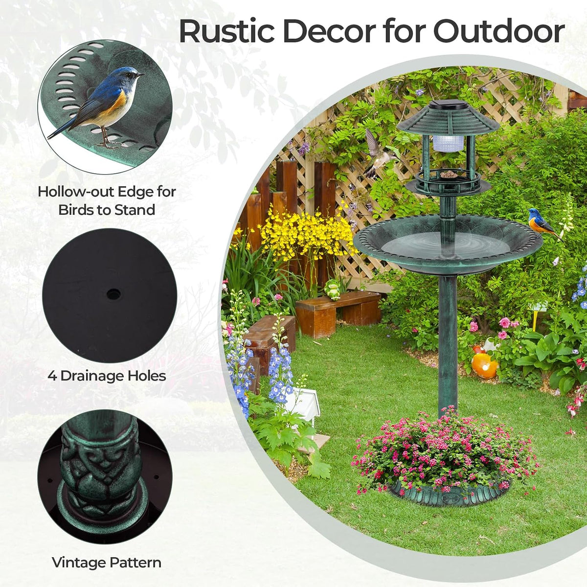 giantex 42 inch bird bath solar lighted, pedestal showing dimensions