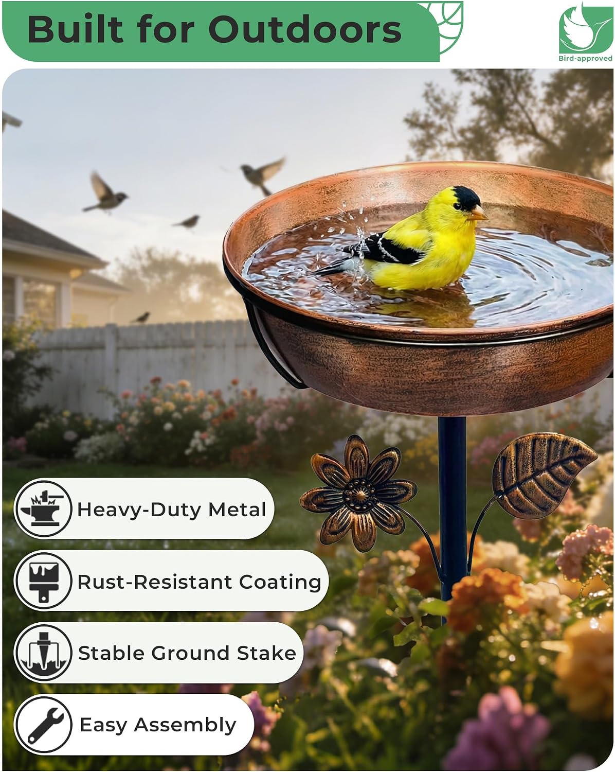 12" metal bird bath for outside, 3" deep, close-up detail
