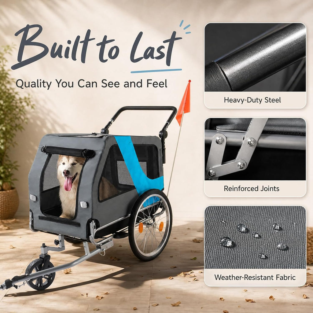 2-in-1 pet bike trailer & stroller, 165lbs carrier showing dimensions