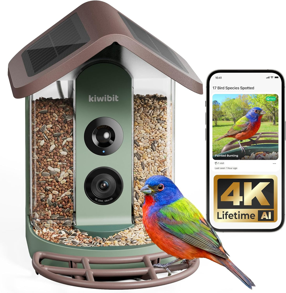 kiwibit solar smart bird feeder with camera, 4k, main product view