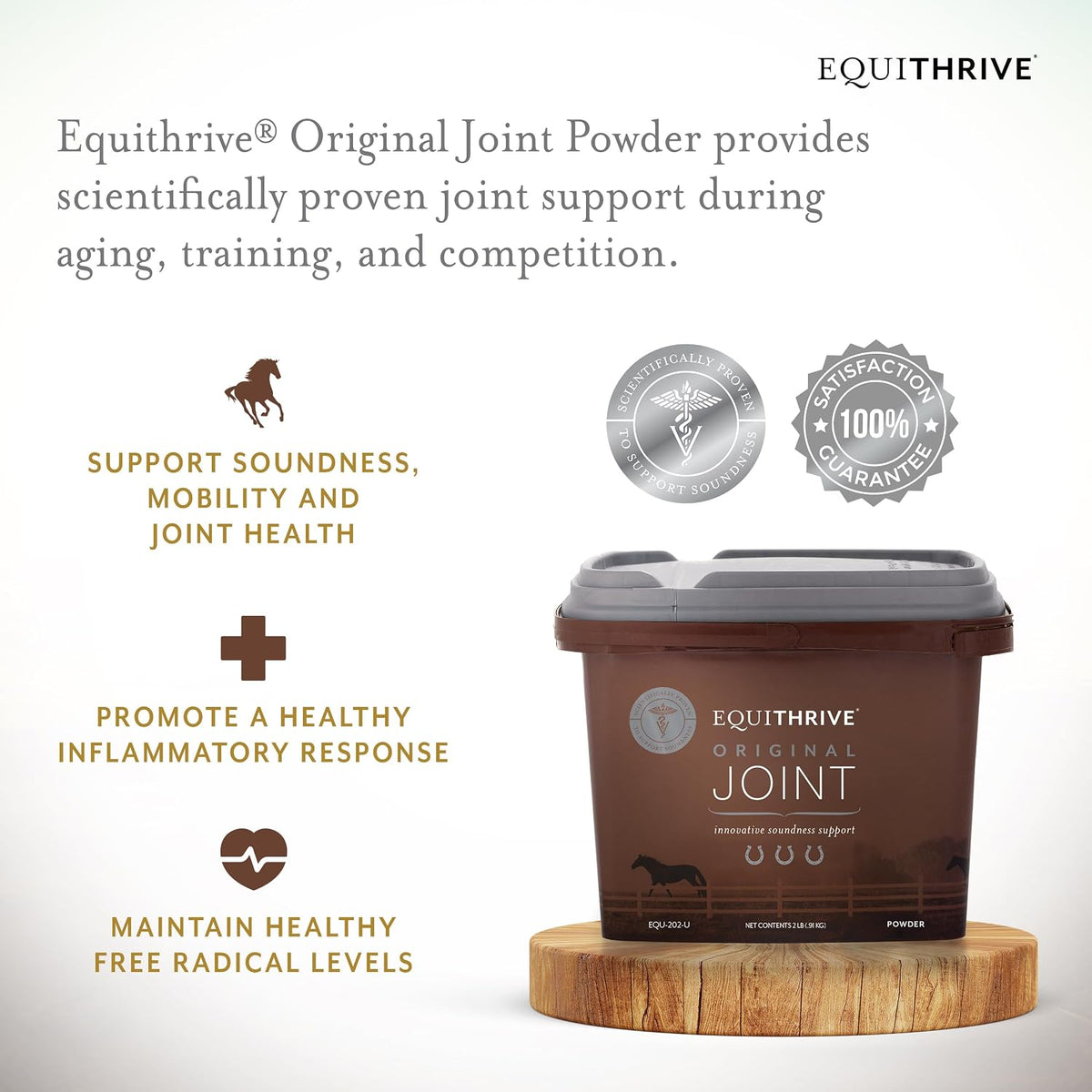 equithrive original joint powder horse supplement, 2 lbs shown in use