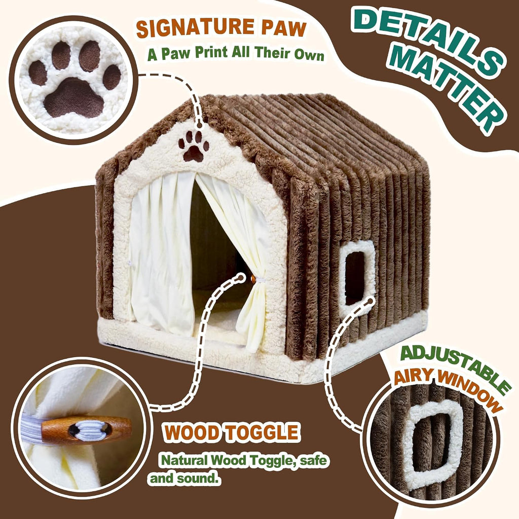 luxury dog house indoor, warm double-layer dog cave showing dimensions