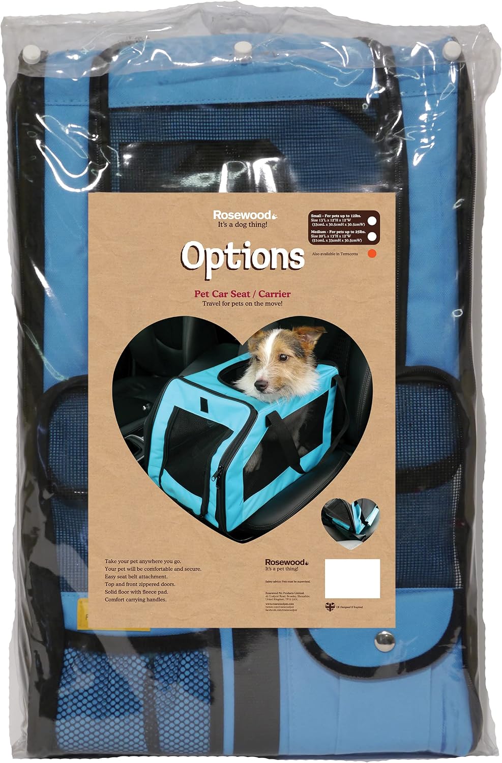 rosewood options pet car seat carrier, medium, aqua, close-up detail