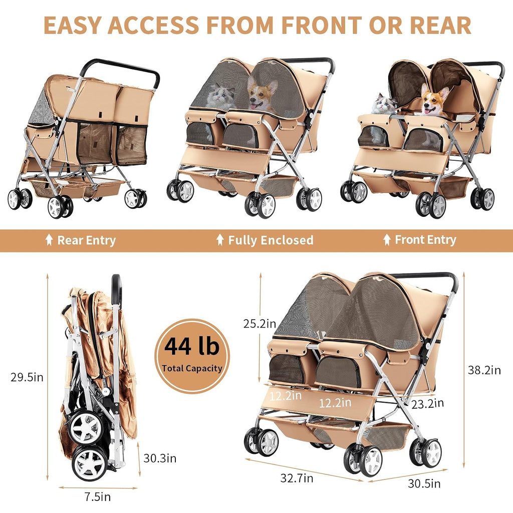 double pet stroller for 2 dogs & cats, front angle view