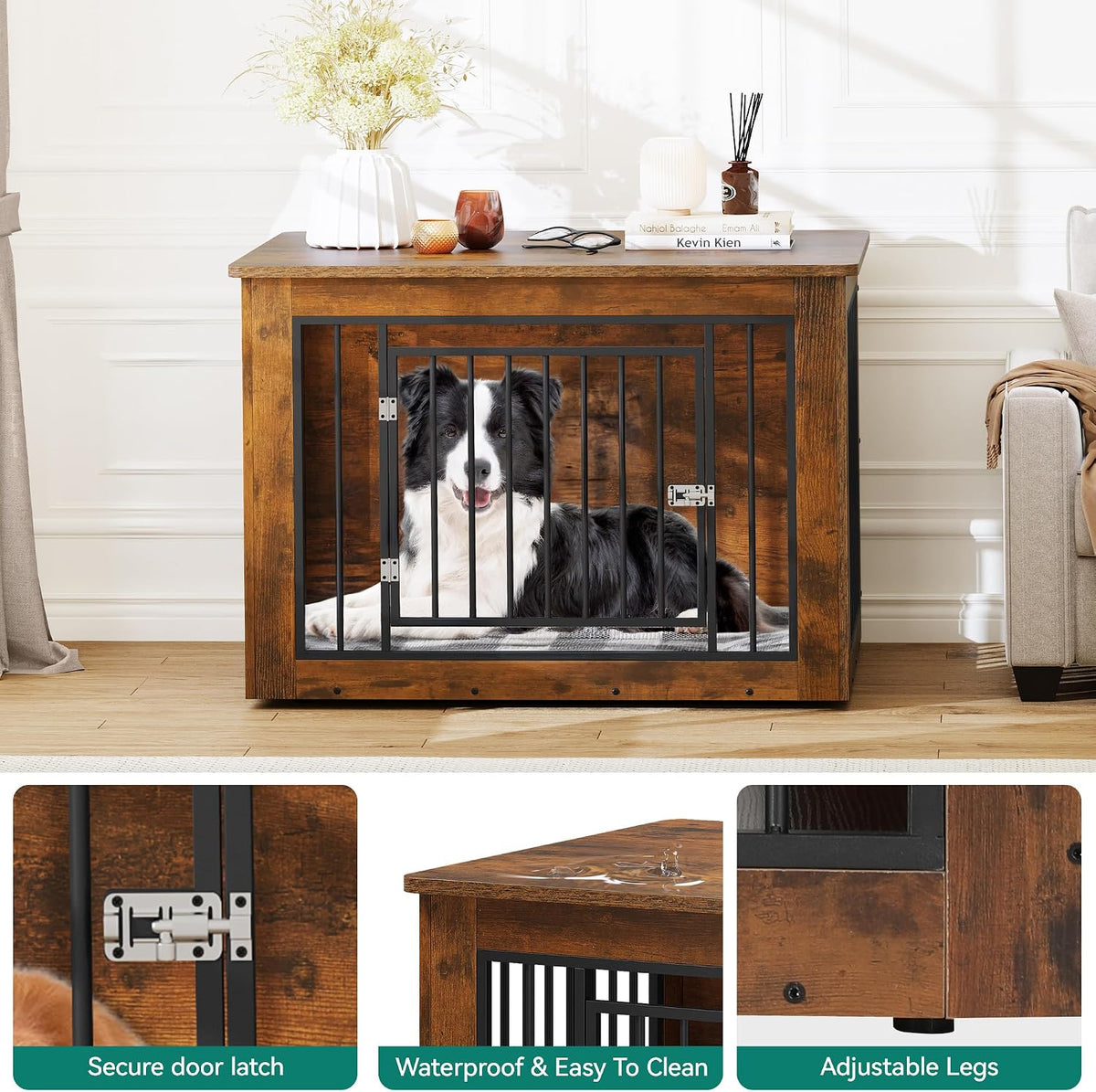 yitahome 38" dog crate furniture 2-in-1 iron-wood fusion, close-up detail