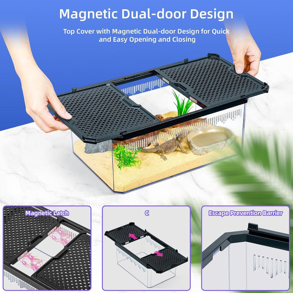 12" clear magnetic door reptile terrarium for gecko, close-up detail
