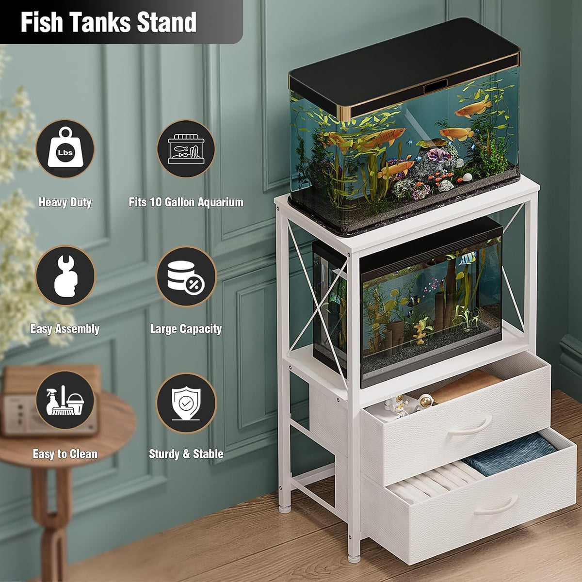 10 gallon aquarium stand with 2 drawers, white showing dimensions