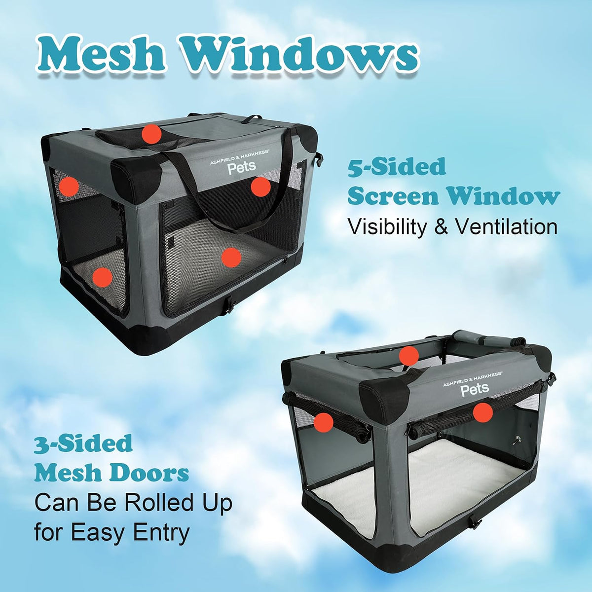 ashfield & harkness collapsible soft dog crate 30" showing dimensions