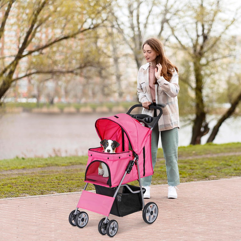 4 wheels dog stroller folding pet strolling cart, front angle view