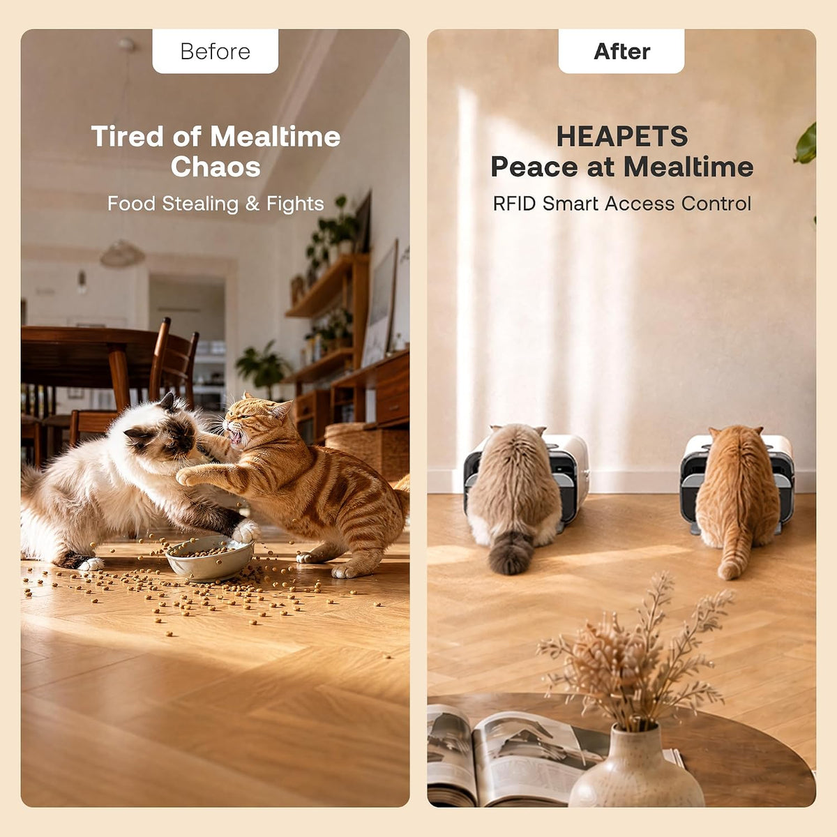 heapets automatic cat feeder with rfid collar sensor shown in use