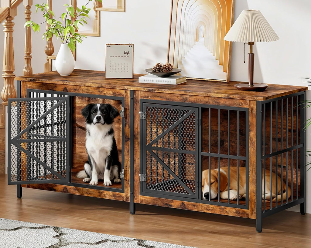 choezon 71" double dog crate furniture for 2 shown in use