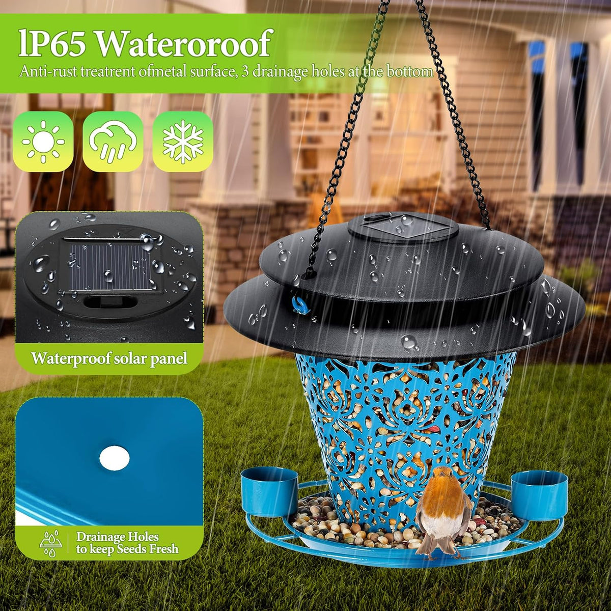 solar bird feeders for outside hanging metal wild, side view