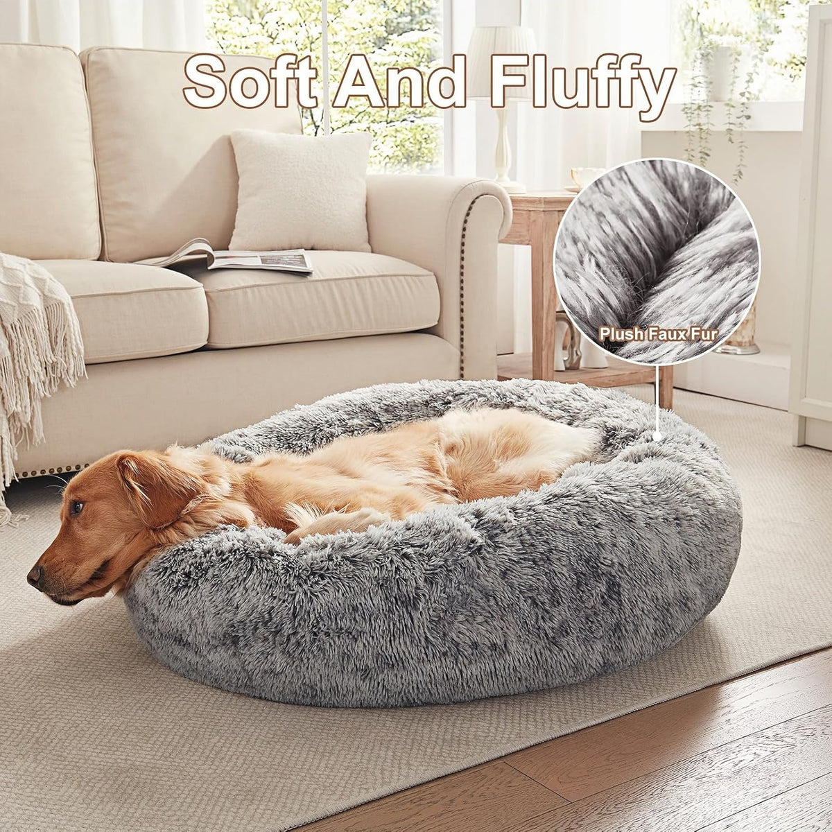 36 inches faux fur fluffy donut dog bed, side view