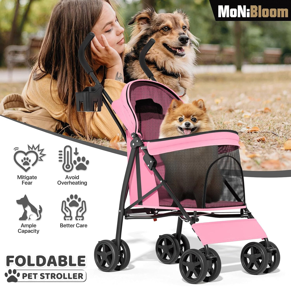 monibloom pet stroller for small/medium dogs and cats shown in use