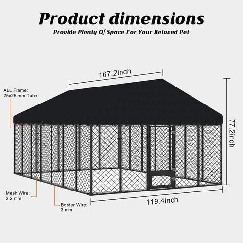 10x14ft outdoor dog kennel with roof and feeding shown in use