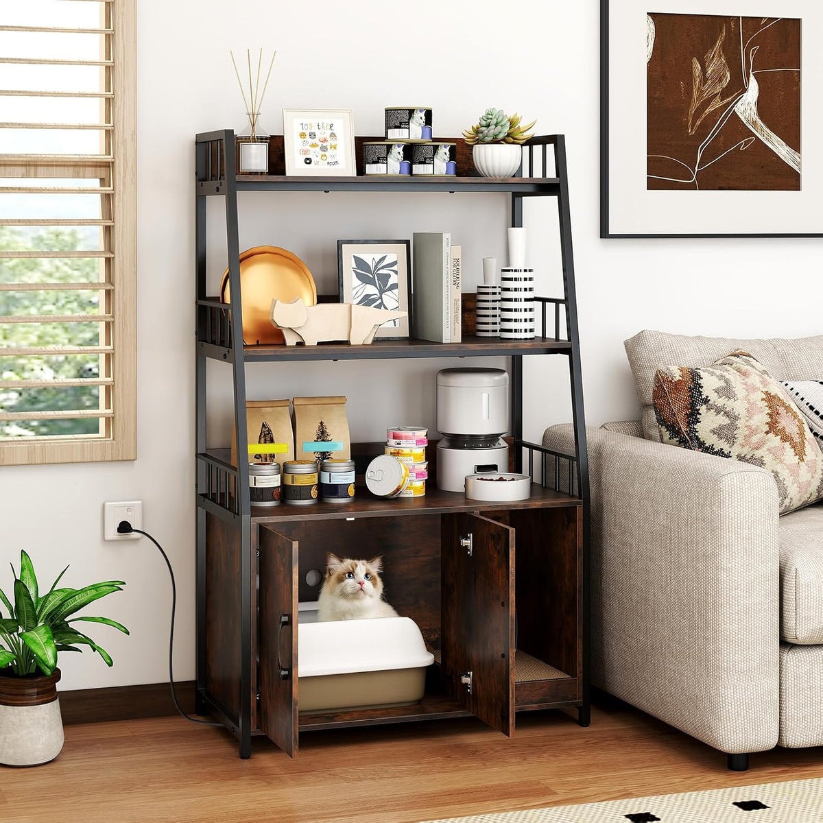 petsite cat litter box enclosure with storage shelves, close-up detail
