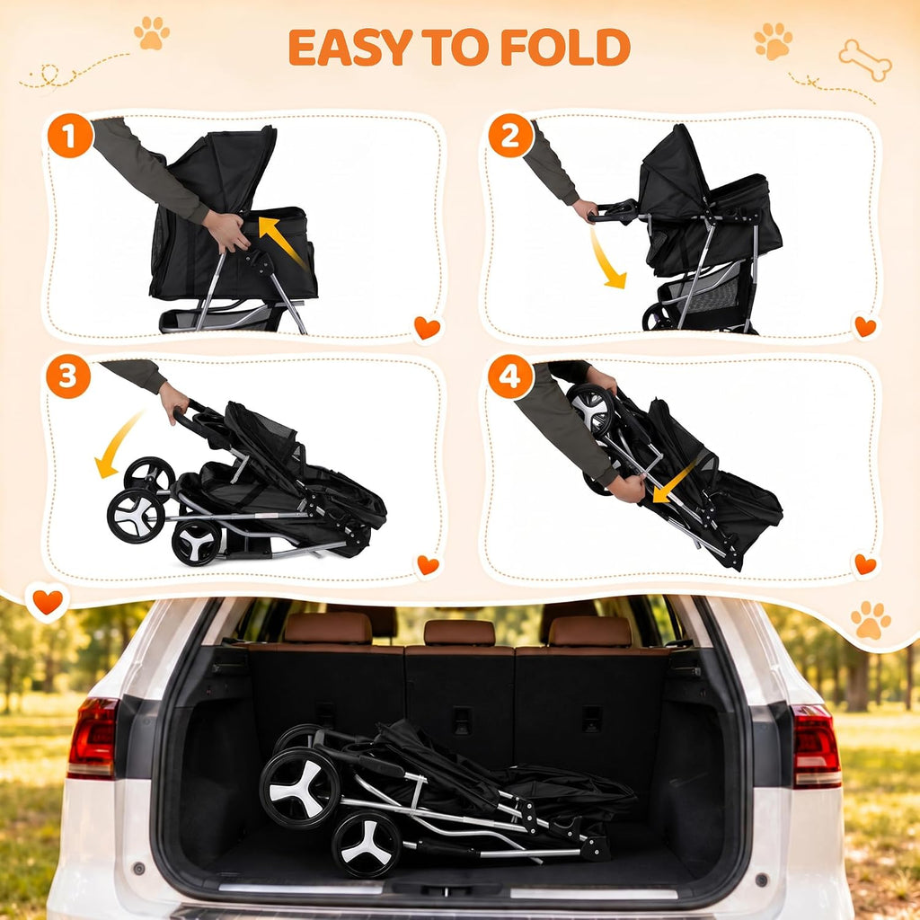 zeny foldable pet stroller, cat/dog stroller with 4, side view
