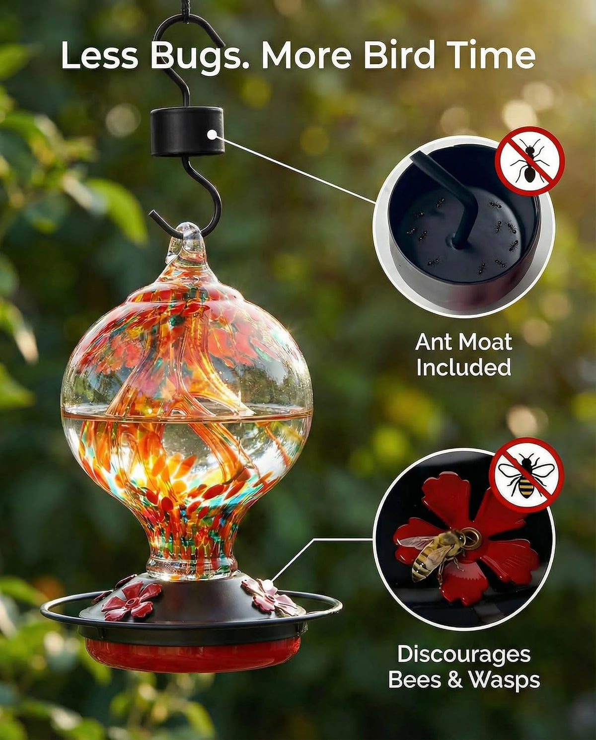hummingbird feeder for outdoors, 34 oz hand-blown glass shown in use