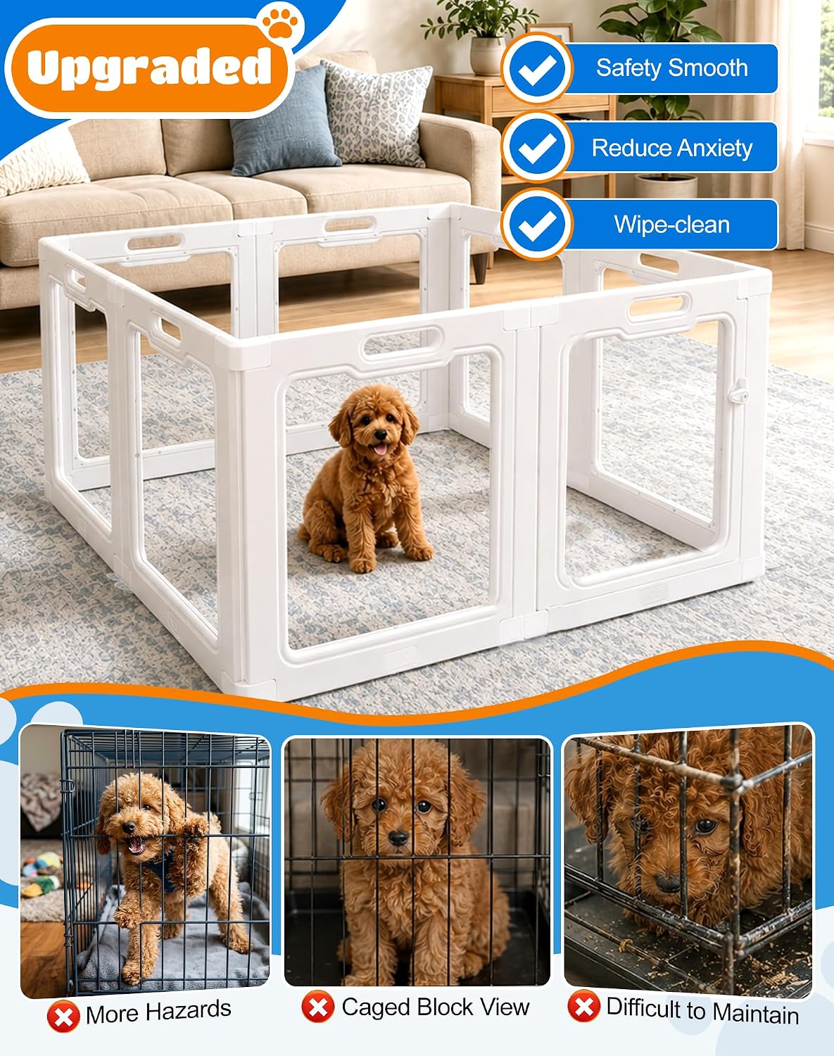 clear acrylic indoor dog playpen, 24" puppy playpen, close-up detail