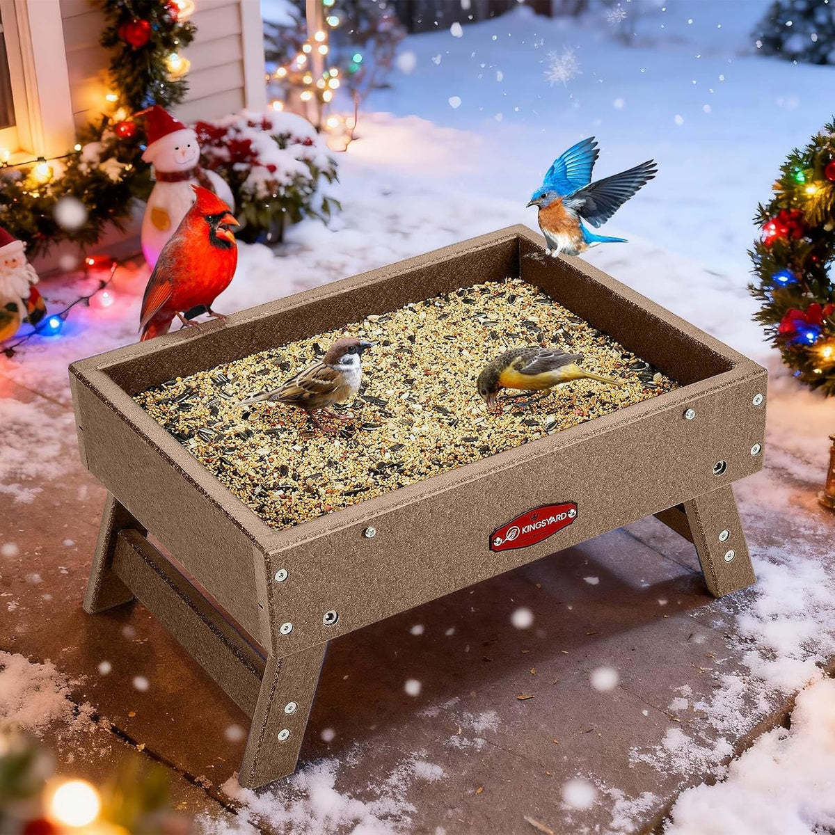 kingsyard ground bird feeder, elevated tray with recycled, close-up detail