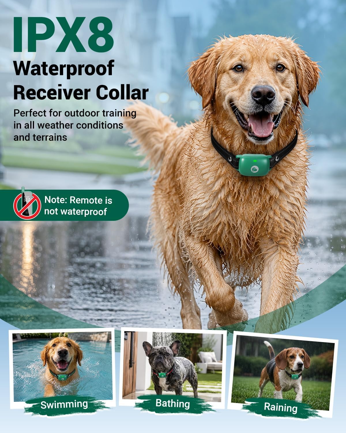 touch-screen dog shock collar, 2600ft range, ipx8 waterproof, side view
