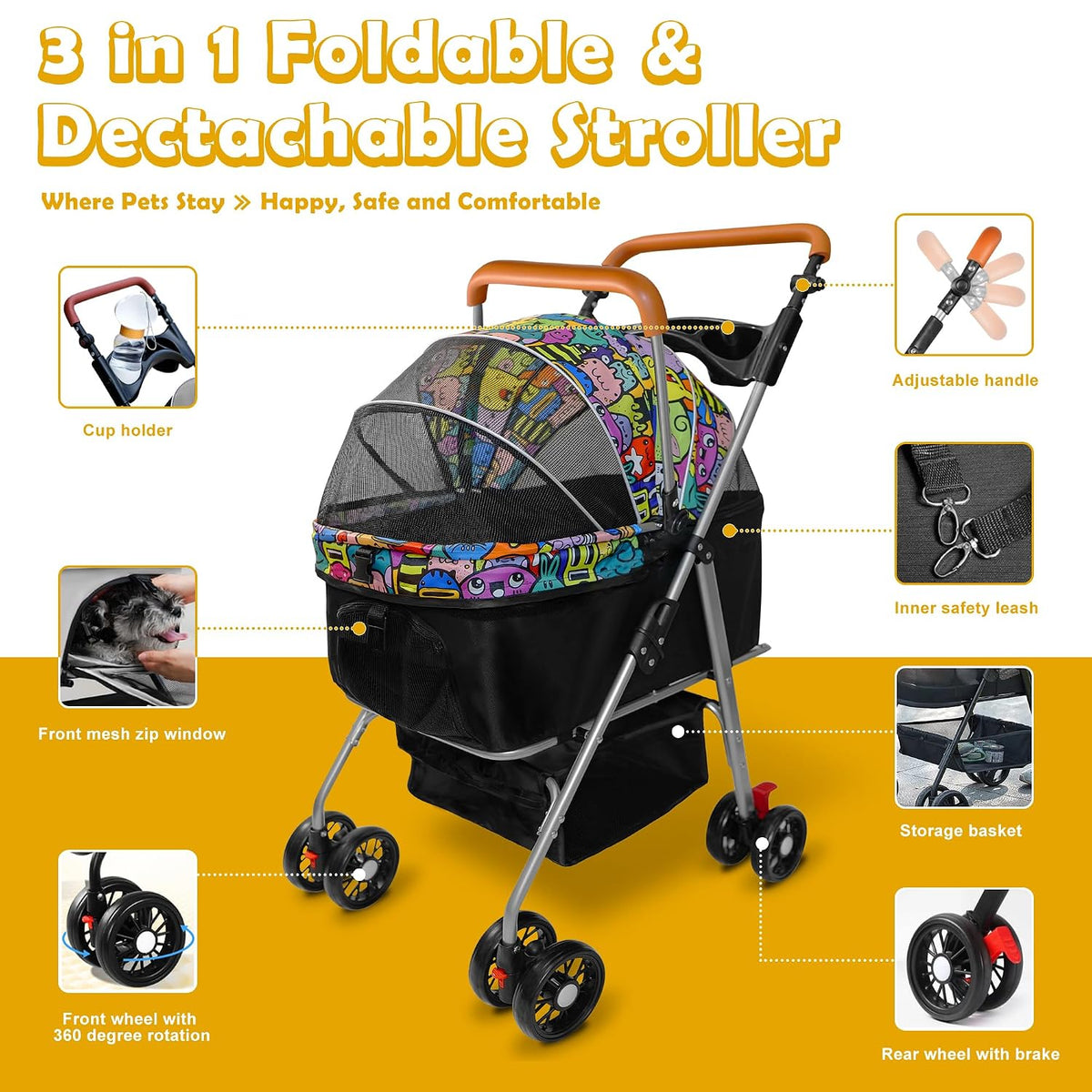 pet stroller with storage basket and cup holder, close-up detail