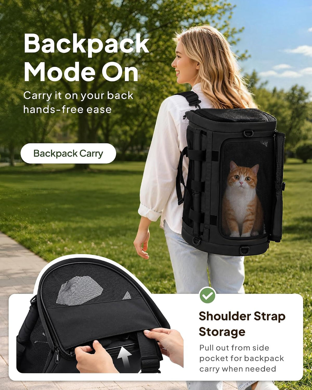 backpackable cat carrier 17"x11"x11", soft-sided collapsible pet carrier shown in use