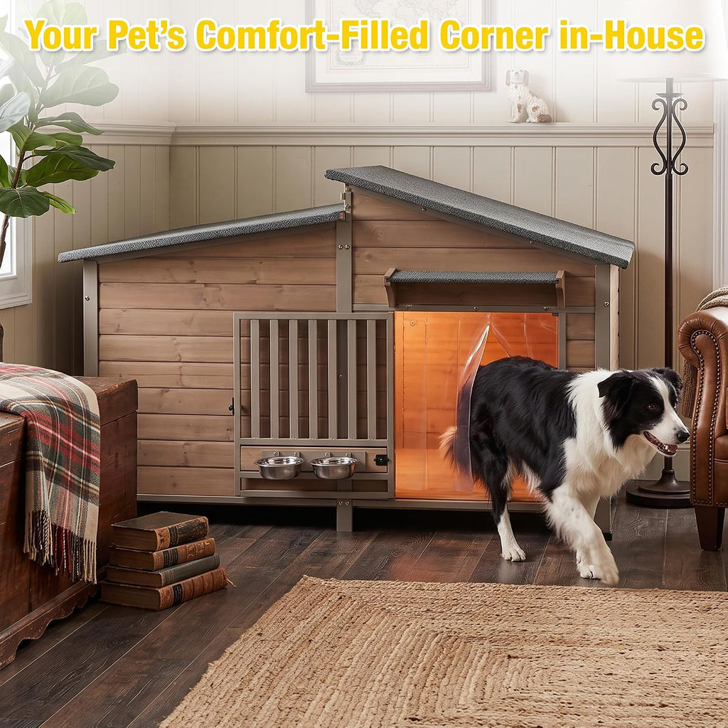 outside chew-resistant heated dog house with metal frame, side view