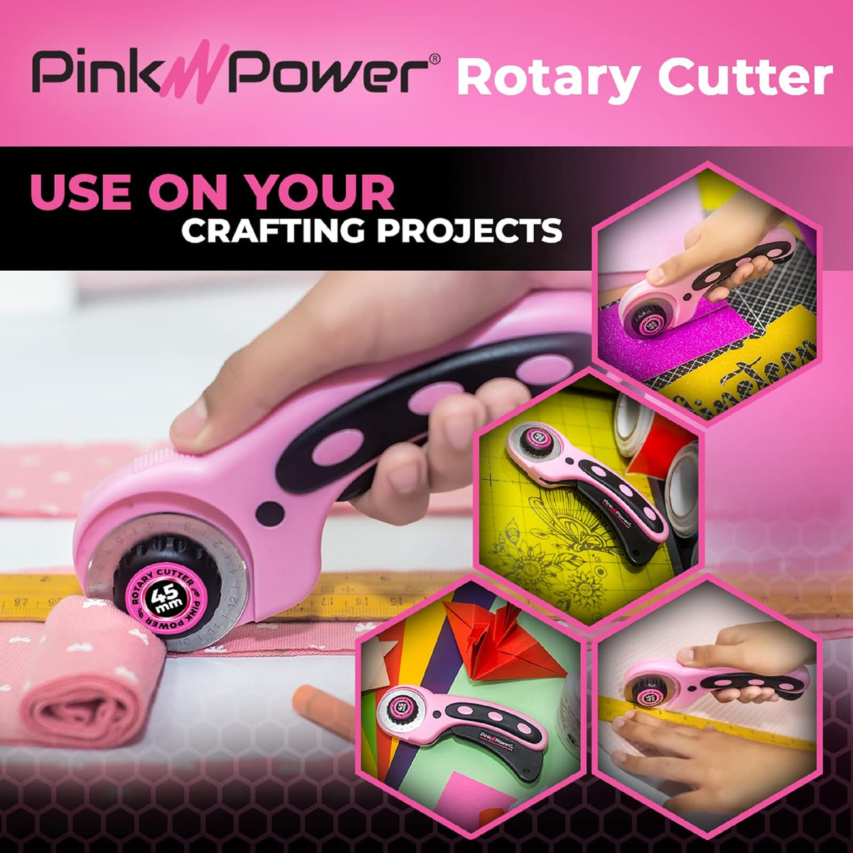 pink power electric fabric scissors and rotary cutter showing dimensions