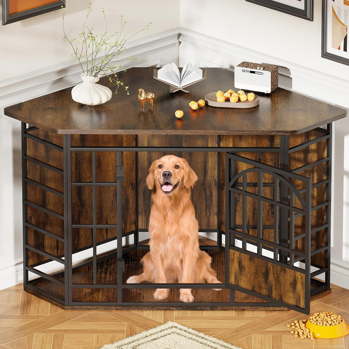 cozpaw 52" corner dog crate furniture, brown, main product view