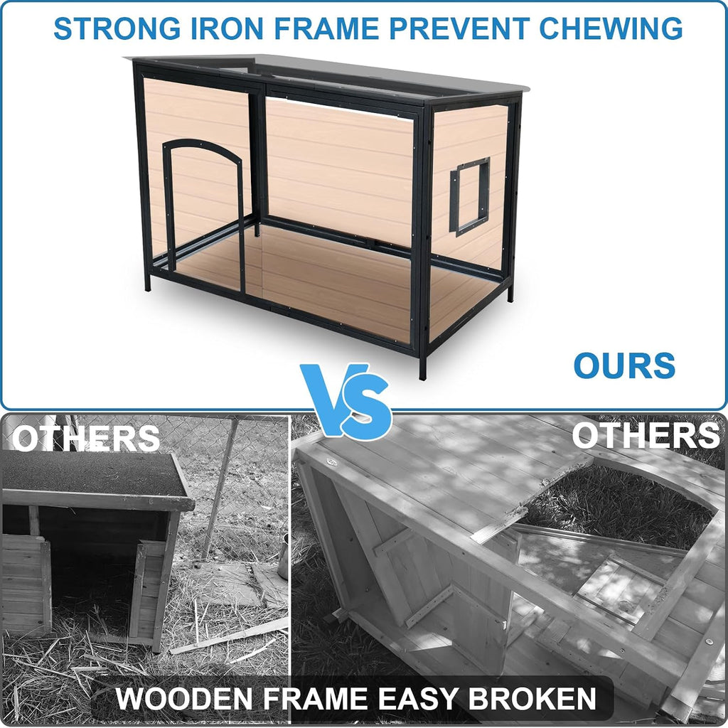 outdoor insulated wooden dog house weatherproof metal frame showing dimensions
