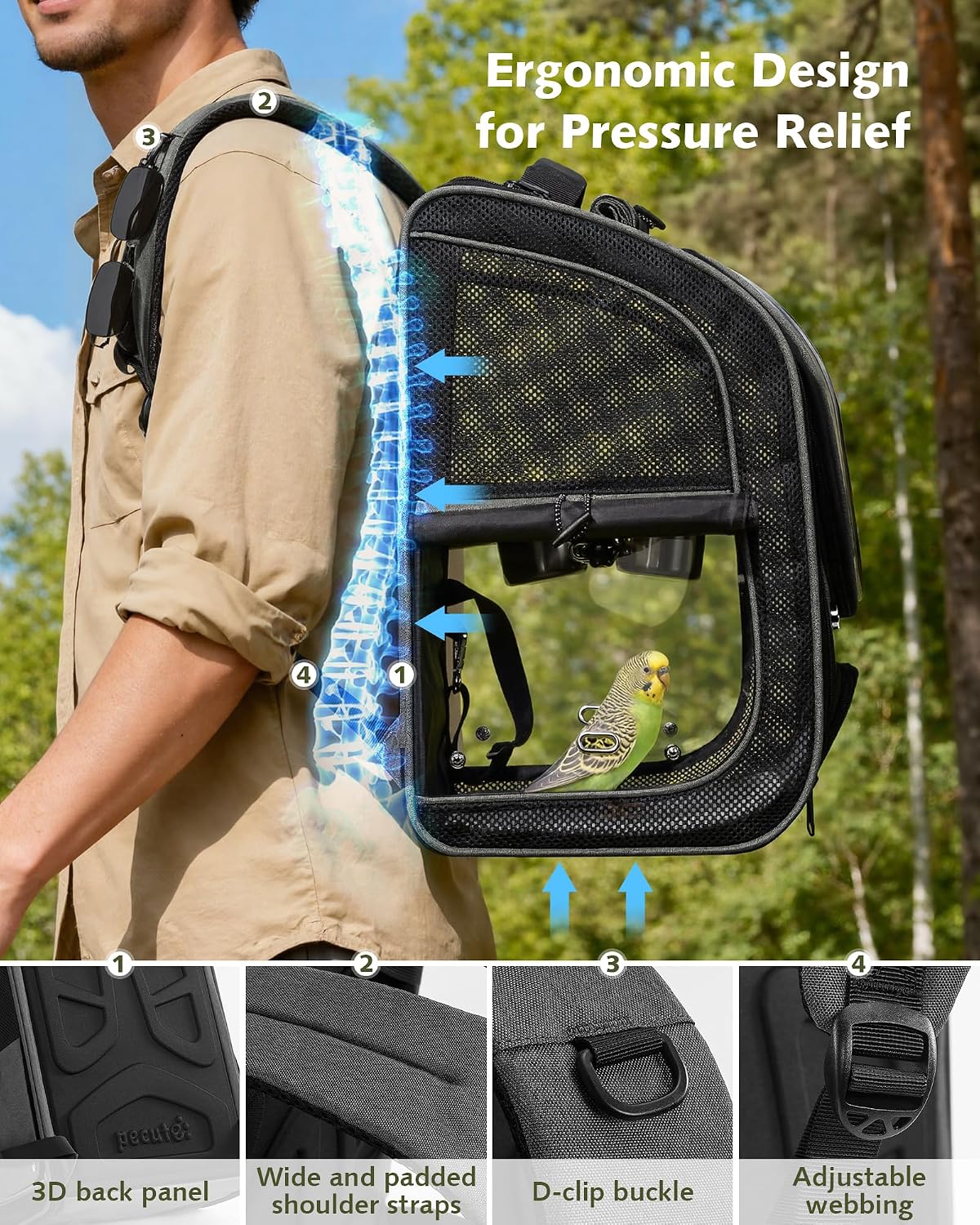 pecute bird backpack carrier with standing perch for, side view