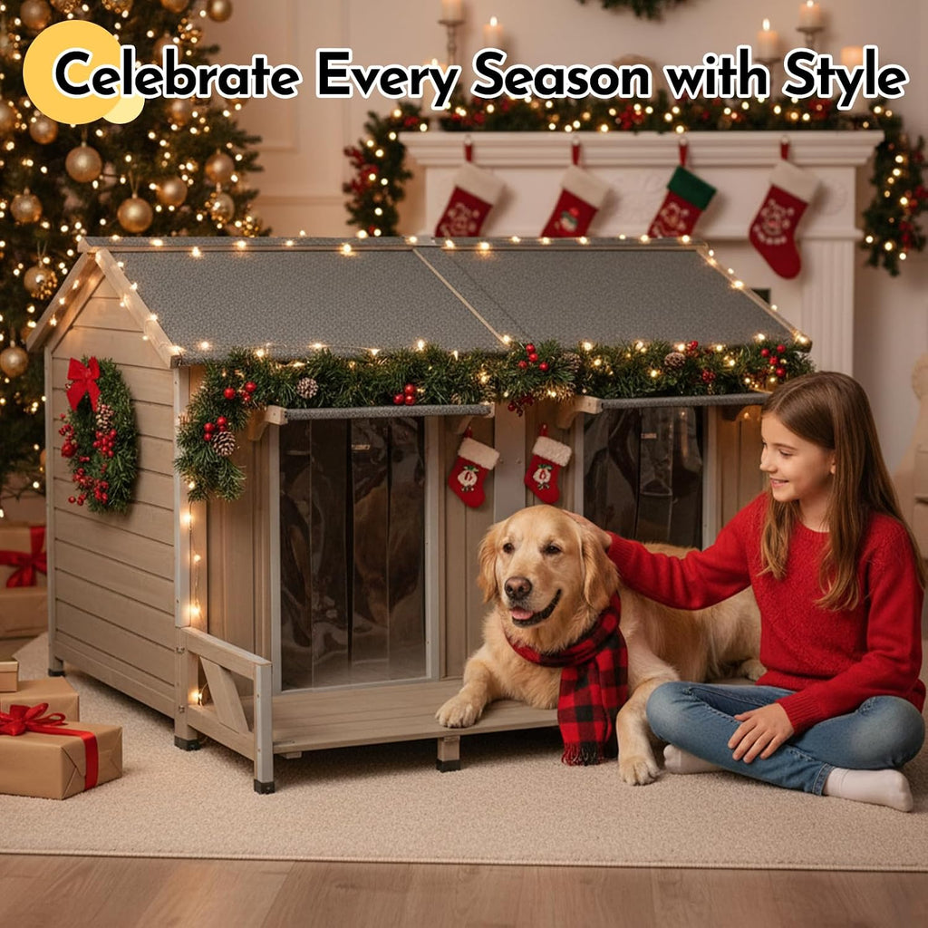 59''l extra large dog house with 2 doors, front angle view