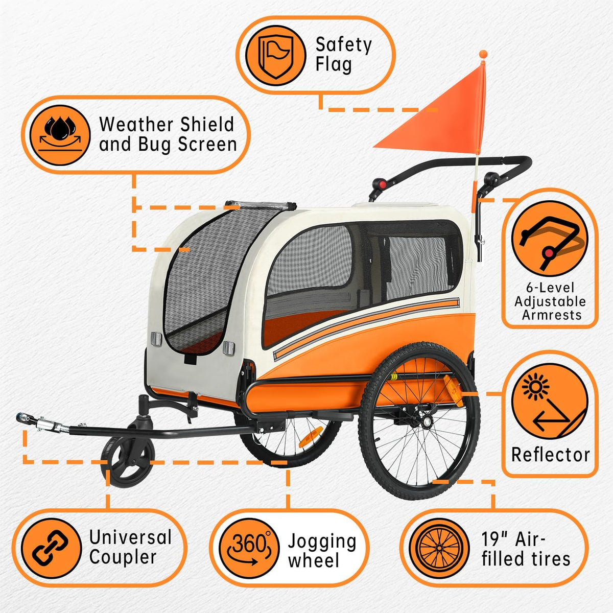 sepnine dog bike trailer, supports up to 110, side view