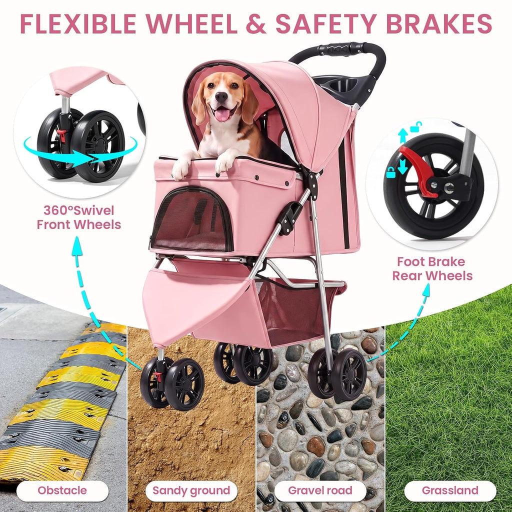 pet stroller for small medium cats dogs, 3-wheel showing dimensions