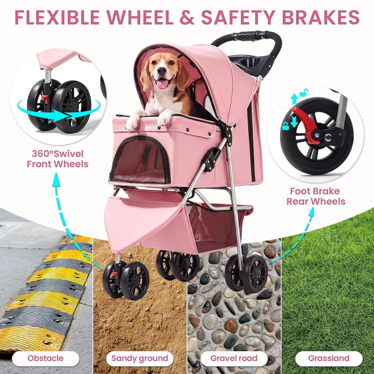 pet stroller for small medium cats dogs, 3-wheel showing dimensions