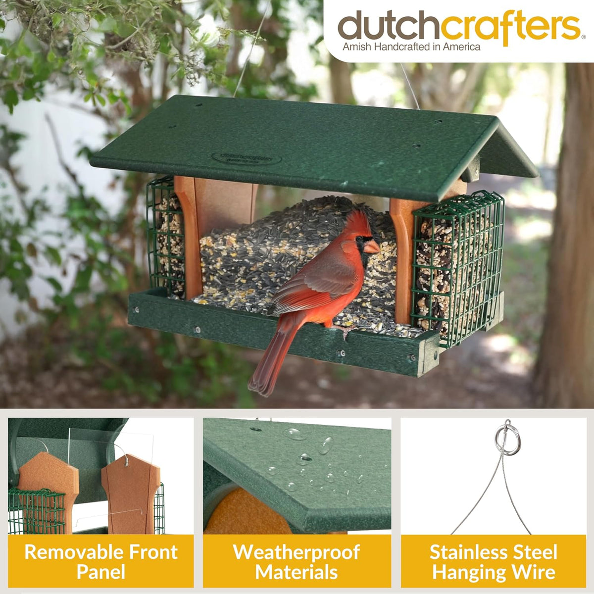 dutchcrafters poly hanging large hopper bird feeder with, side view
